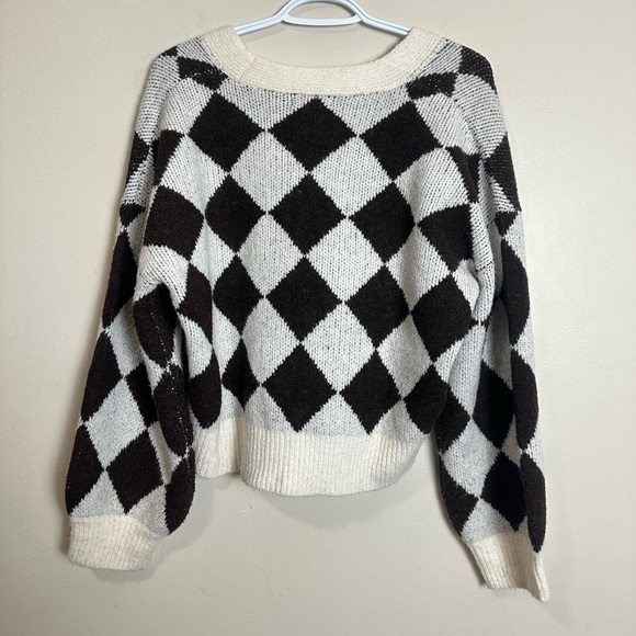 Blu Pepper Black & Cream Checkered Cardigan Size S Cropped Argyle Button Sweater - Picture 6 of 6